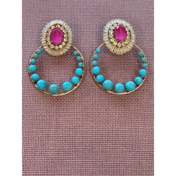 Anton Heunis Gem Cluster Hoop Earrings in Pink Blue Crystal & Gold New Womens - Picture 4 of 10